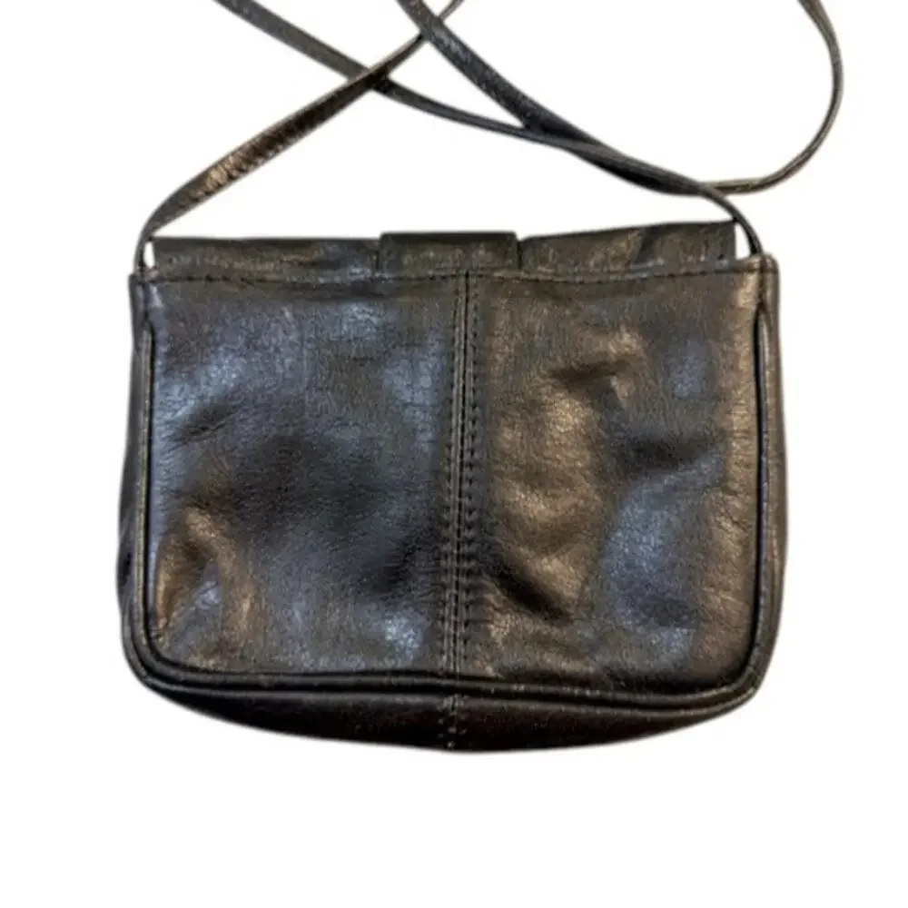 Black Leather Mini Crossbody Bag Studded Buckle Small Purse Y2K Vintage EUC